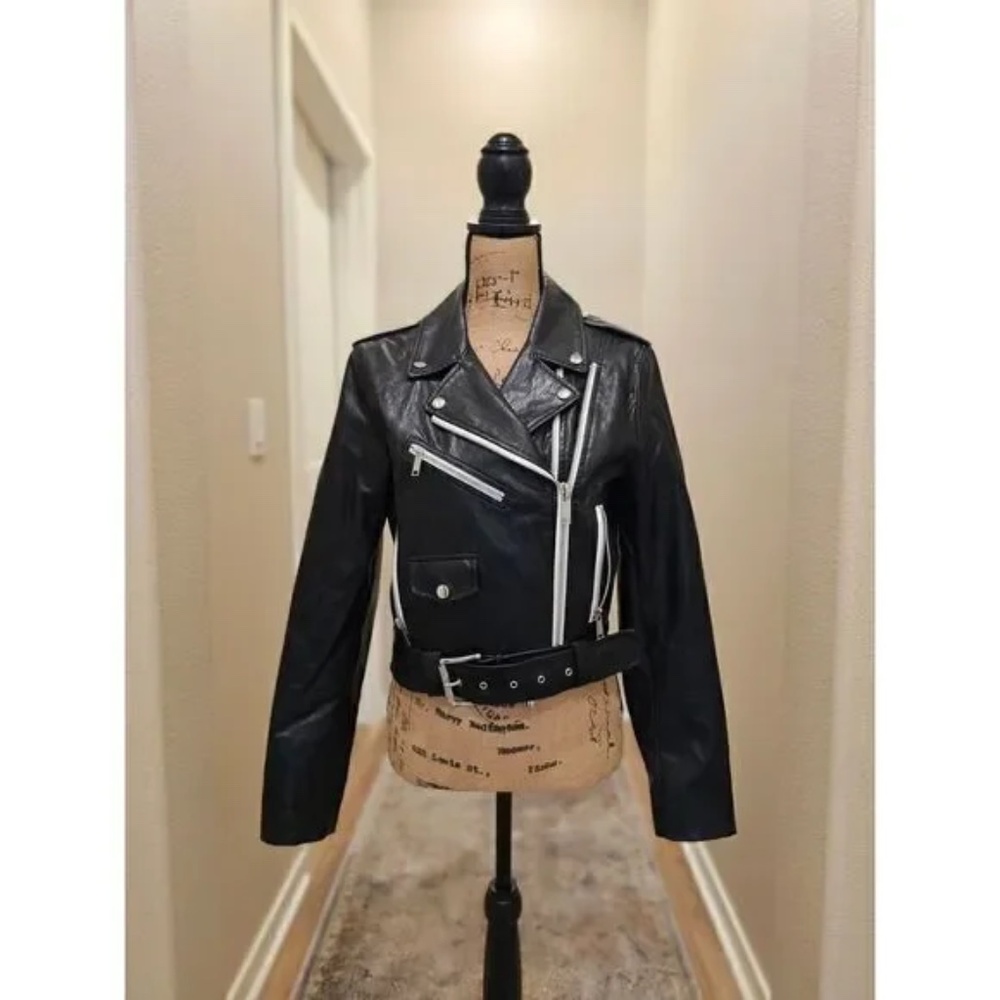 Michael Kors Black Crop Faux Leather Biker Jacket Size Small